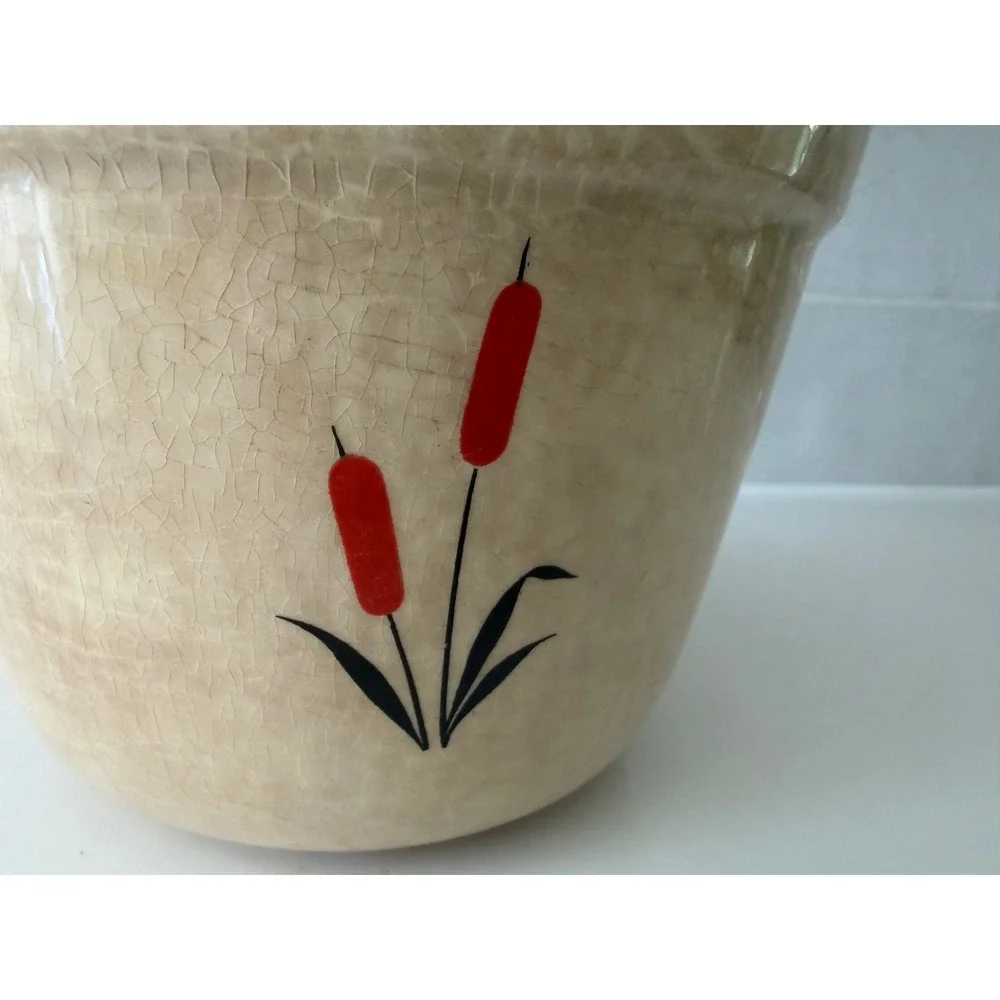 Universal Cambridge Small Mixing Bowl Red Cattails Stoneware Tan Vintage MCM